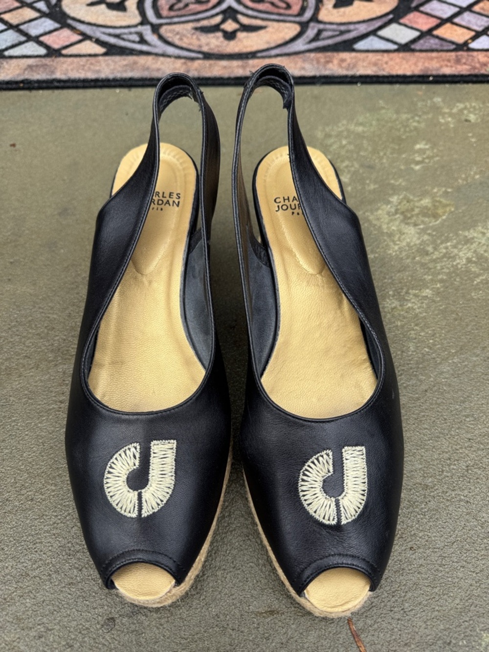 CHARLES JOURDAN BLACK LEATHER EMBROIDERED ESPADRILLES SLINGBACK PEEP TOE SANDALS